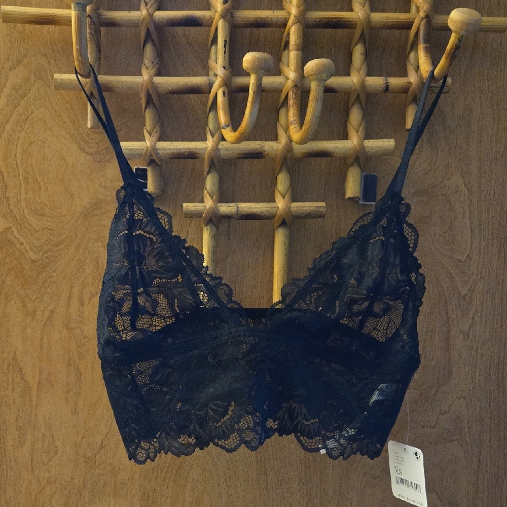 Free People Black Lace Bralette with Scalloped Trim